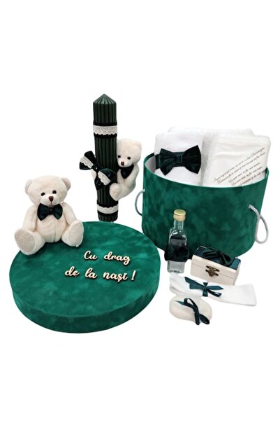 OEM Baptism Set in Box with Teddy Bear and Candle, Green Color