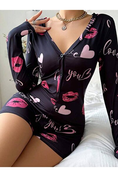 euro click Pantaloni scurți pentru femei cu model de buze, cu mâneci lungi, c...