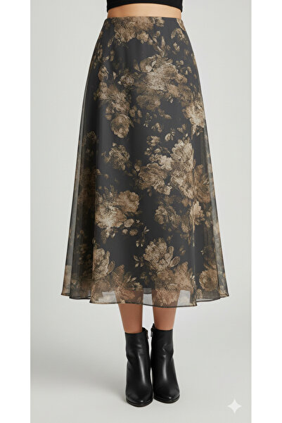 Blue Morpho Floral Pattern Lined Chiffon Skirt
