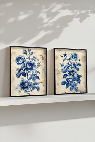 STARYUNA Black Wooden Framed Blue Rose Vintage Floral Double Painting Set Yun...