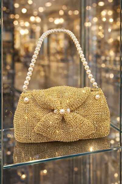 Store Luna İnci Saplı Gold Gece Çantası – Örgü Dokulu Şık Abiye El Çantası