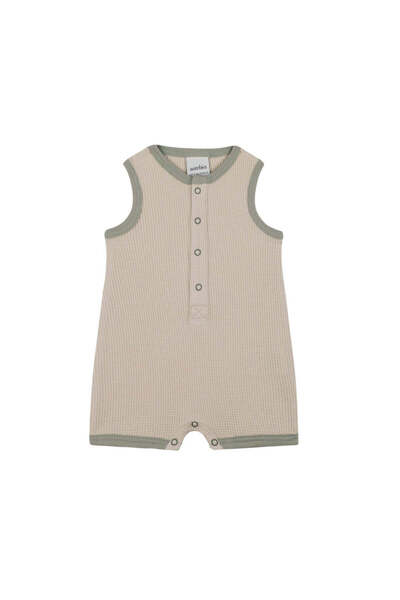 PETIT-ATELlER Baby Beige Waffle Playsuit Contrast Green , Soft Textured Knit ...