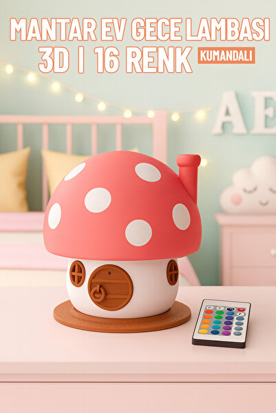 GRP NOVA Mantar Ev Gece Lambası 3D – 16 Renkli Işık - Kumandalı Pembe