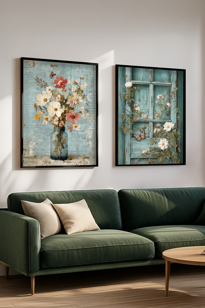 STARYUNA Black Wooden Framed Vintage Flower and Window Double Painting Set Yu...