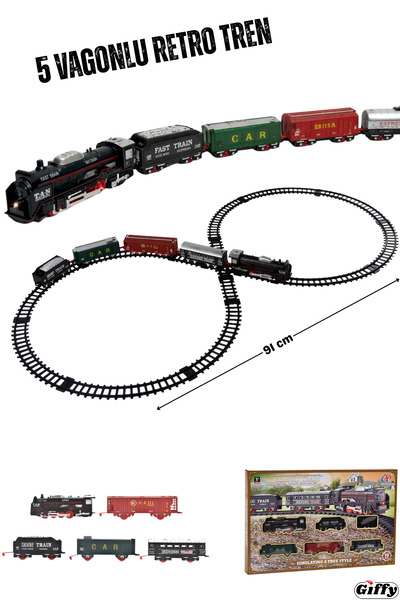 giffy Oyuncak 19 Parça Retro Işıklı Tren Seti 91 cm Ray Uzunluğu 5 Vagonlu 8 ...