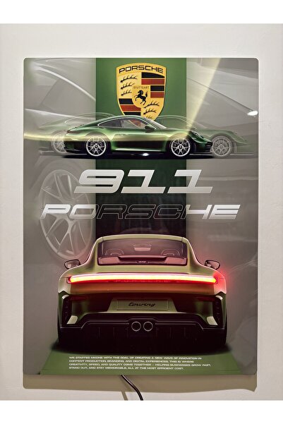 EABASKI "Porsche 911" Baskılı IŞIKLI METAL POSTER, Erkeğe Hediyelik, Araba, T...
