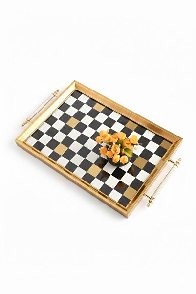 Altabi Digital Printed Glass Serving Tray – Checkered Motif, Metal Handles 46...