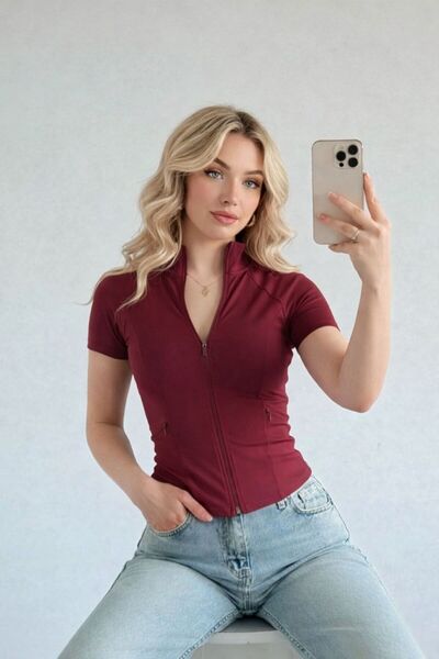 EDVESS Coolfit Short Sleeve Zip-Up Slim Fit Blouse