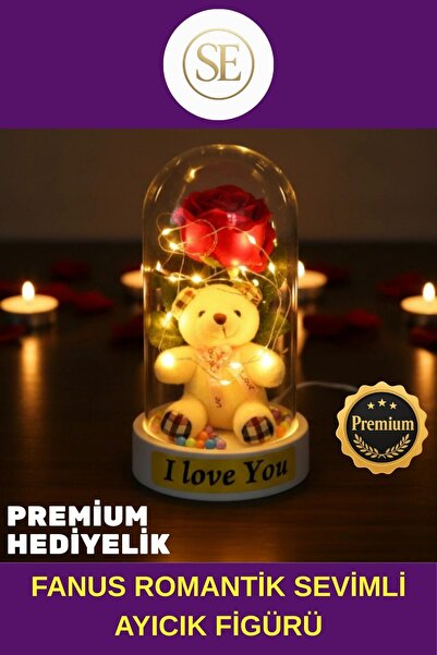 #PREMİUM Romantik Sevimli Ayıcık Figürü Gün Işığı LED Dekoratif Hediyelik Ayıcıklı Ledli Gül Fanus