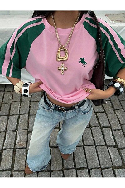 Gofeel Pembe Yeşil Baskılı Reglan Kol Oversize T-shirt