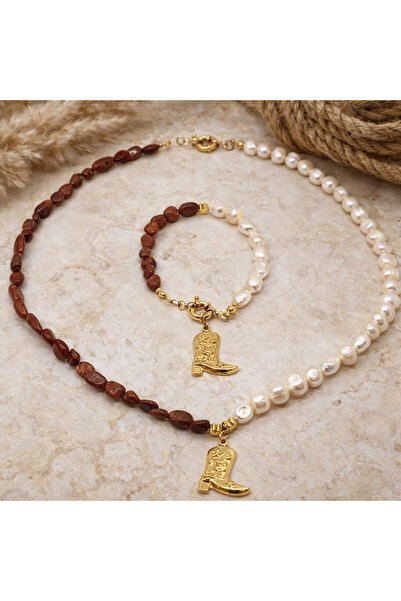 Tasarım Real Pearl & Star Stone Figured Pendant Bracelet Jewelry Set – Gold P...