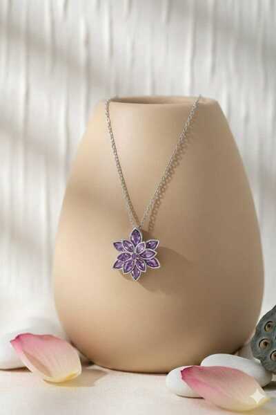 Papatya Silver 925 Ayar Zirkon Taşlı Lotus Çiçeği Kolye.rose.gold.rodaj