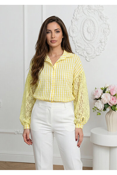 UniqueStore.ro Yellow plaid shirt with lace sleeves