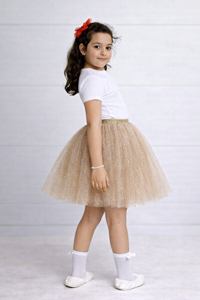 Handmade Kız Çocuk Şampanya Simli Tül Tütü Etek