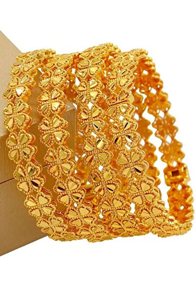 Bousni Gold Color 4-Piece Copper 24K Gold Plated Traditional Bangles for Wome...
