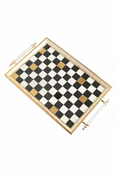 Altabi Digital Printed Glass Serving Tray – Checkerboard Pattern, Metal Handl...
