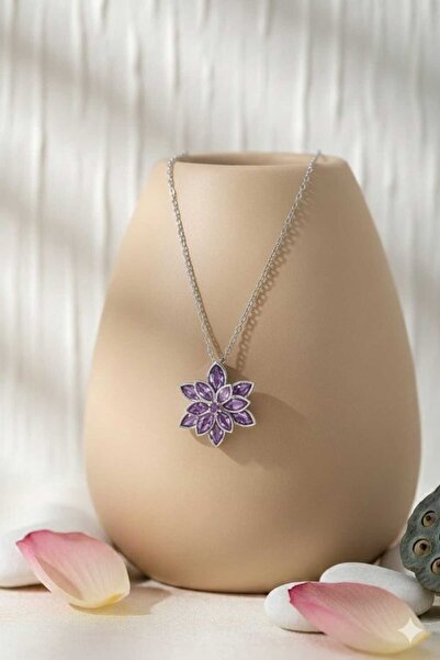 Flamingo 925 Ayar Zirkon Taşlı Lotus Çiçeği Kolye.rose.gold.rodaj