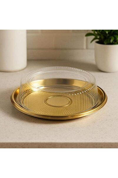 Generic Round Golden Serving Tray with Transparent Plastic Lid 5 Pieces