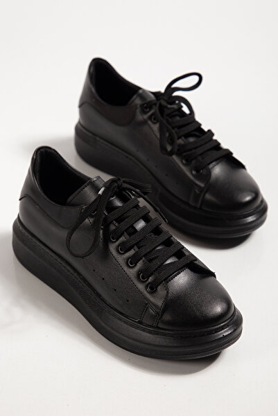 derim shoes Black Platform Sole Faux Leather Sneaker – Casual Comfortable Lac...