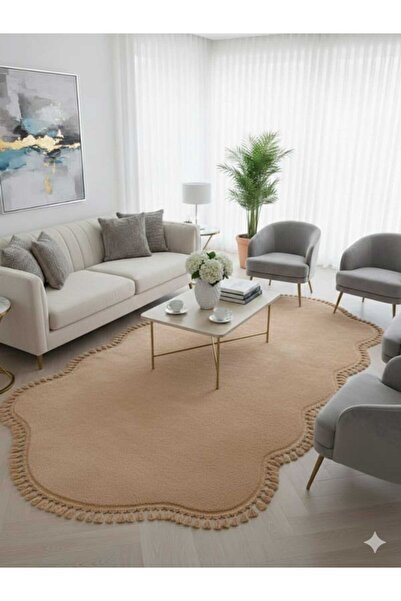 ALTUN CARPET Modern Oval Milk Coffee Vision Plush Carpet with Pompon Fringes ...