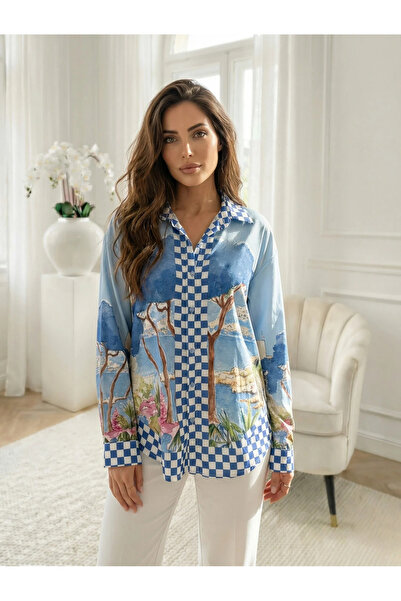 UniqueStore.ro Blue satin shirt with Mediterranean landscape print