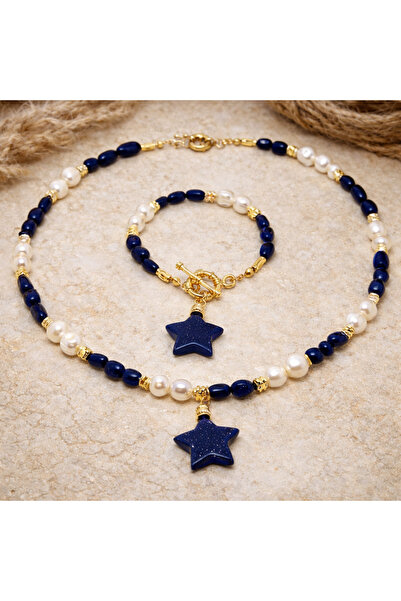 Tasarım Real Pearl Navy Blue Star Stone Detailed Star Figured Handmade Neckla...