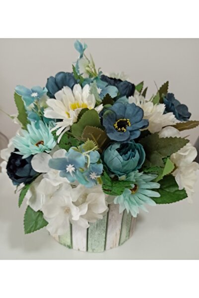 Pasiunea Florilor Coș Lemn Rotund Cu Floricele Albe, Bleu Și Albastre