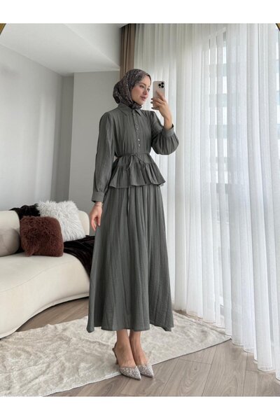 Miraydın Butik طقم نسائي من قميص مكشكش وتنورة M2512 - كاكي