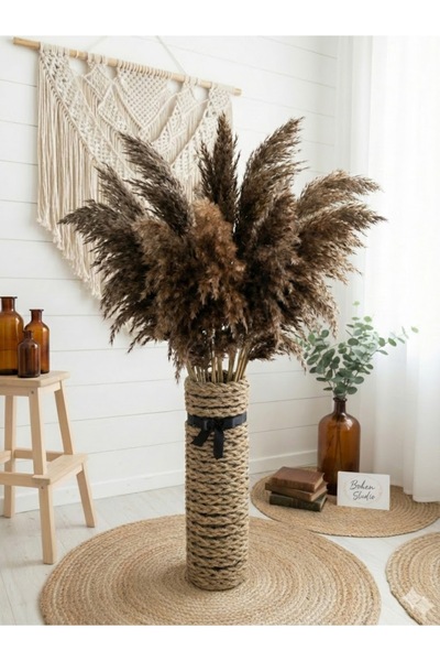 DİĞER1111 Jüt Örgü Yer Vazosu – Kahverengi Pampas Aranjmanlı Bohem Dekor