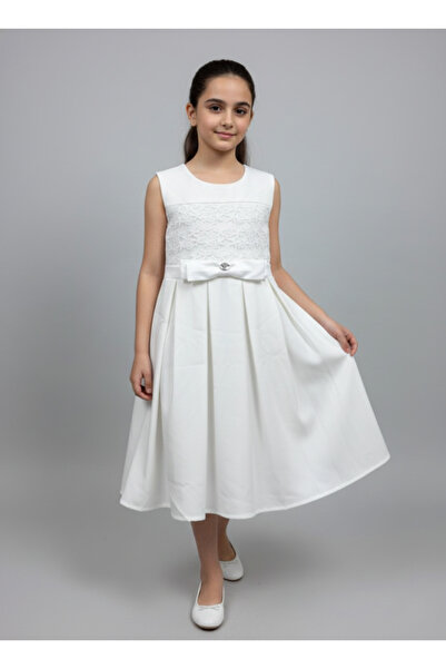 Alesaei-mondo tondo (Elegant white dress with delicate embroidery and silk ti...