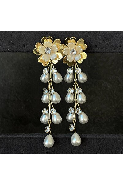 Luxiva أقراط نسائية طويلة أنيقة بتفاصيل من الزهور واللؤلؤ