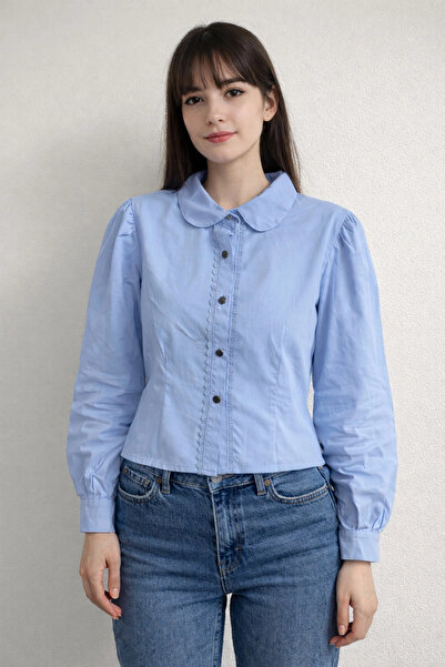 Lusin Women's Blue Stylish Lace Detailed Slim Fit Shirt