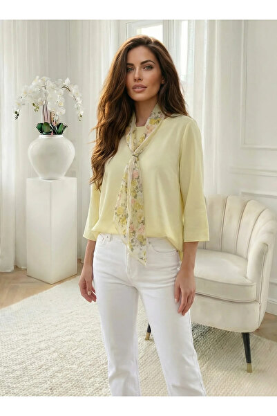 UniqueStore.ro Straw yellow blouse with detachable floral scarf