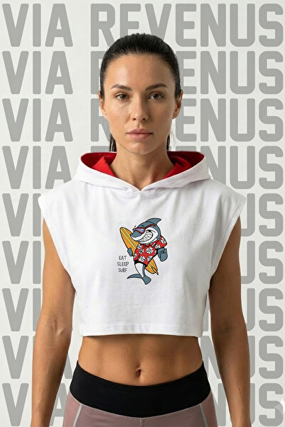 Vordevia Eat Sleep Surf Printed Zero Sleeve Hooded Sportswear Women's Crop