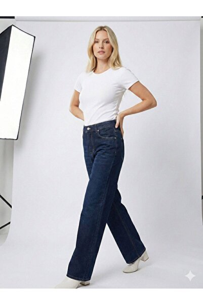ELORA BOUTİQE Kadın Koyu Lacivert Yüksek Bel Wide Leg Bol Paça Jean Pantolon