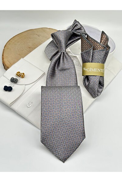 Gutiero Classic Necktie with Gray Patterned Handkerchief