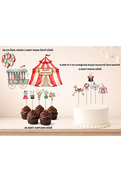 Sirk Hayvanları Temalı Doğum Günü Süsü Seti - Pasta Süsü, Cupcake Süsü, Pano