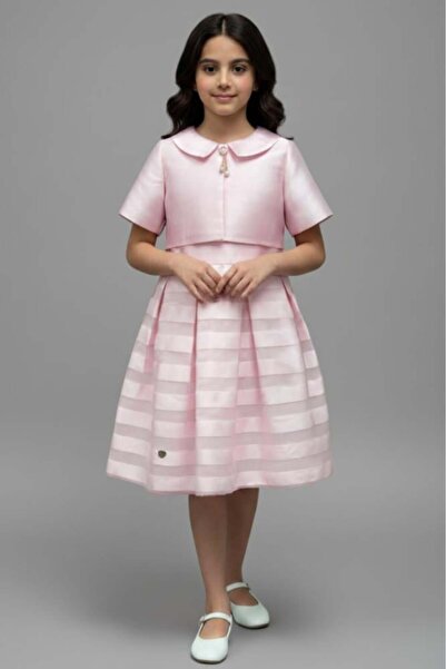 Alesaei-mondo tondo (فستان بناتي وردي مخطط مع جاكت 7296)