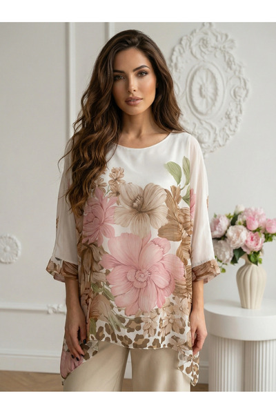 UniqueStore.ro White tunic with pink floral print and puffy sleeves