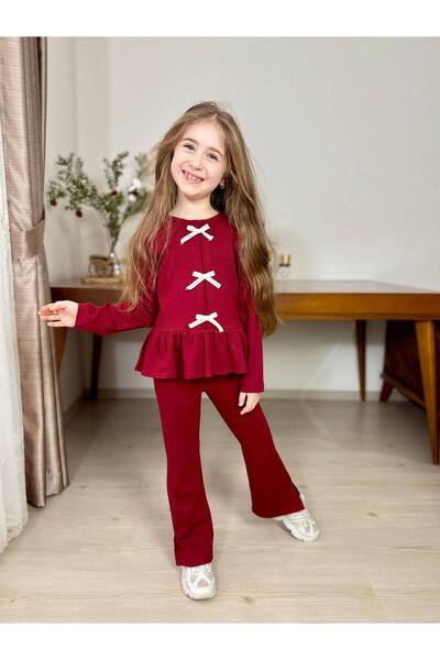 ARBİ kids Girl's Ribbed Bow Detailed Double Holiday Set