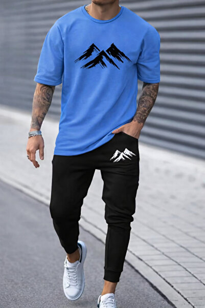 YK WEAR طقم رياضي للرجال/النساء بنمط جبلي كبير الحجم مع سروال مطاطي أسود