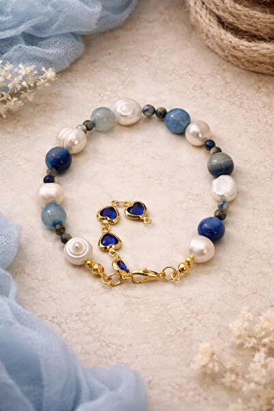 Tasarım Akik & Gerçek İnci Kalp Charm Detaylı Gold Kaplama Bileklik – El Yapımı