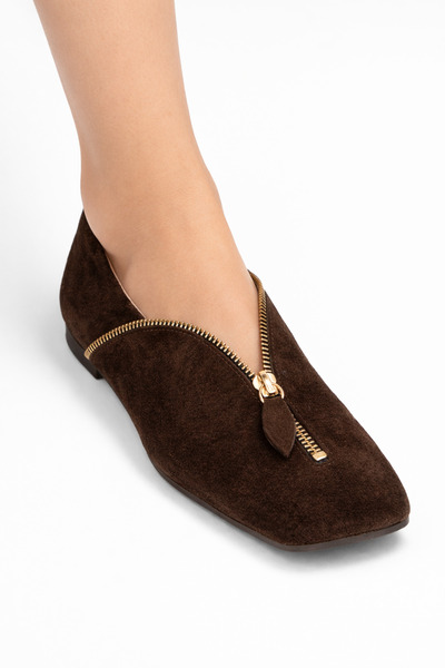 Mariolucci Kadın Günlük Babet Fermuar Detaylı (Gold) Hakiki Kahvrengi Süet