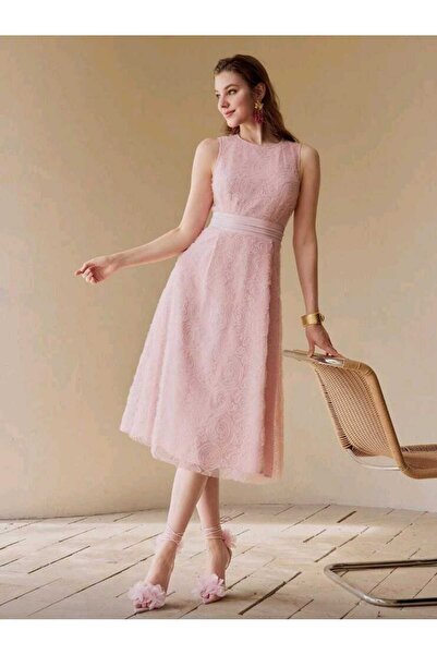 JustFab ✨Elegant Blush Pink Lace Midi Dress – Sleeveless A-Line Party & Eveni...