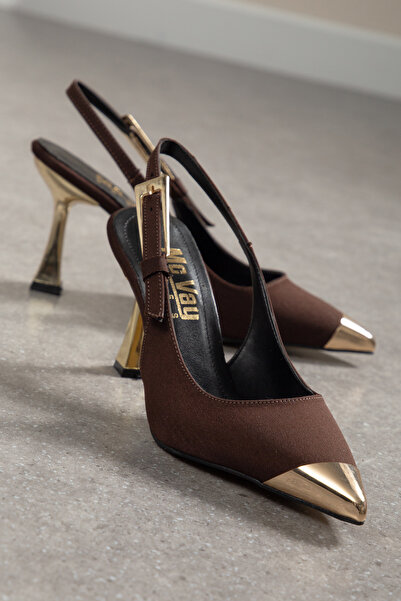 Mc vay Shoes Open Back Gold Heel Vegan Leather Metal Toe Non-Breakable Stylis...