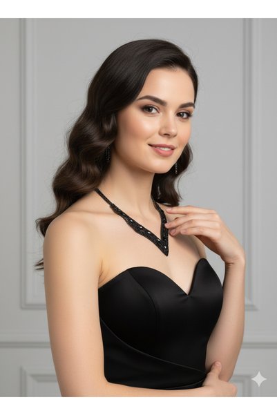 set.up Complete Black Zircon Stone Necklace and Earring Set
