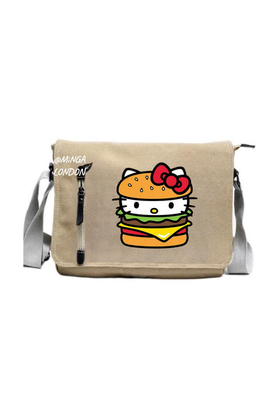 Minga London Beige Hamburger Kitty Printed Messenger Bag -Mingalondon