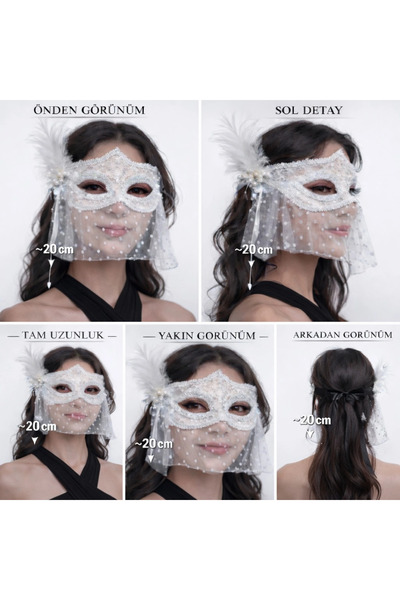 eco port White Lace Tulle Veil Party Mask – with Feathered Pearl Detail