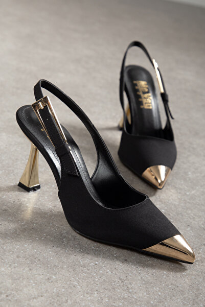 Mc vay Shoes Open Back Gold Heel Vegan Leather Metal Toe Non-Breakable Stylis...