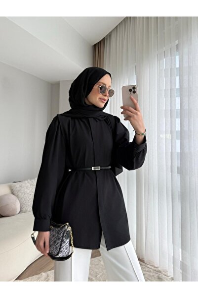 Miraydın Butik Shoulder Flounce Buttoned Belted Hijab Shirt - Black